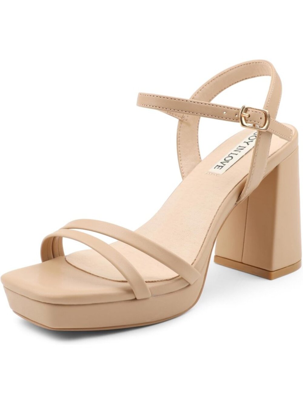 Women's Nude Matte Ankle Strap Square Open Toe  Chunky Block Heels Dress Sandals